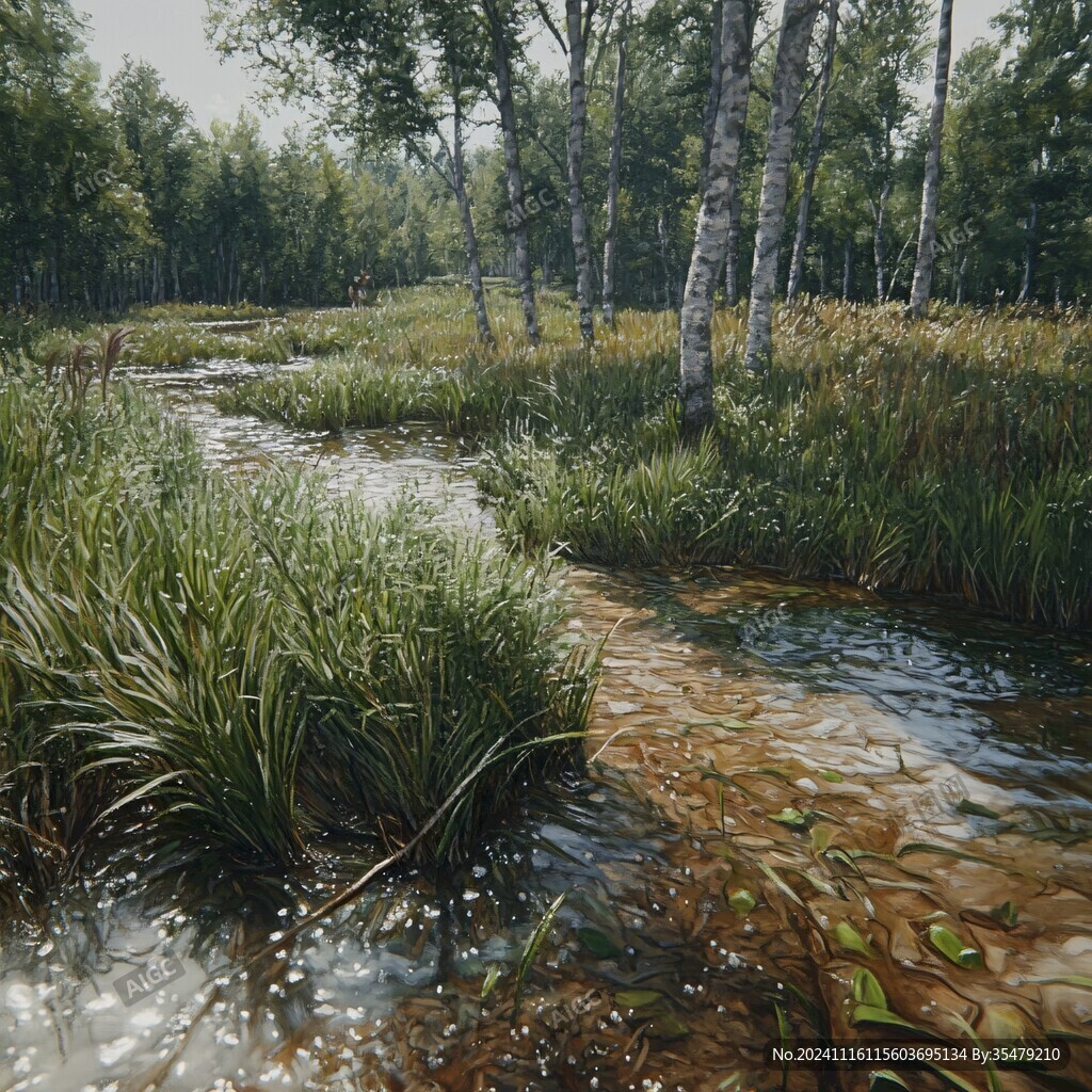 森林小溪油画