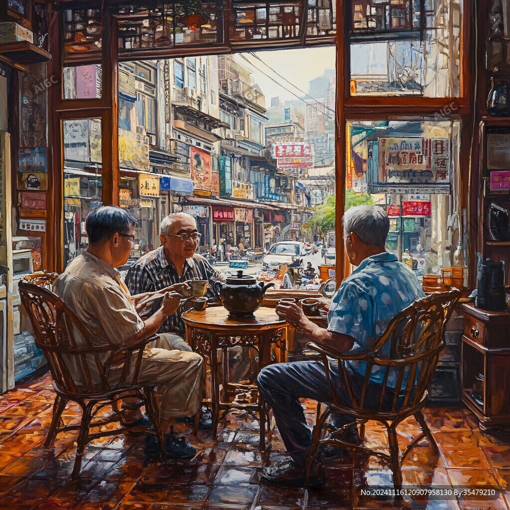 茶馆场景油画