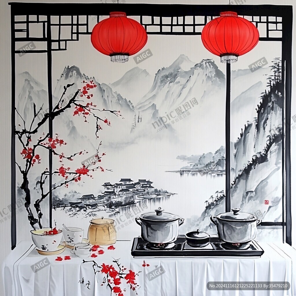 中式风格餐厅墙绘