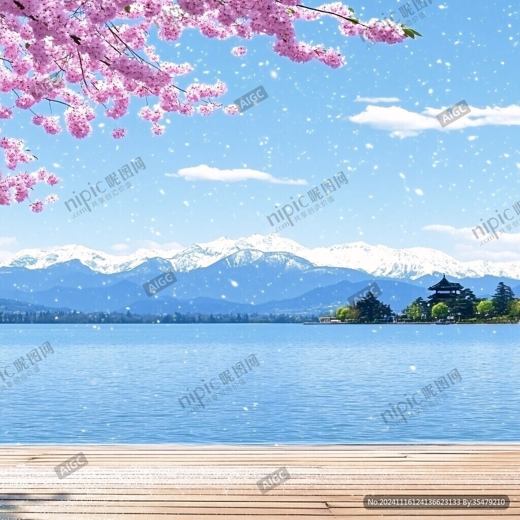 湖边樱花树