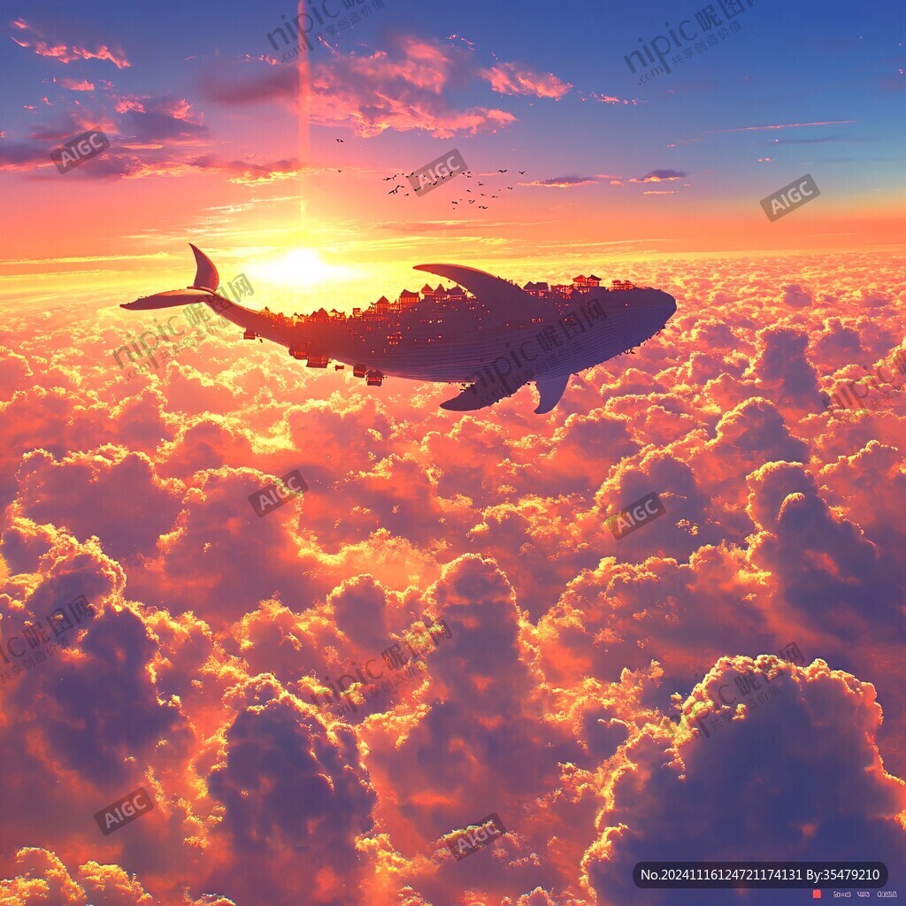飞翔空中幻想鲸鱼插画