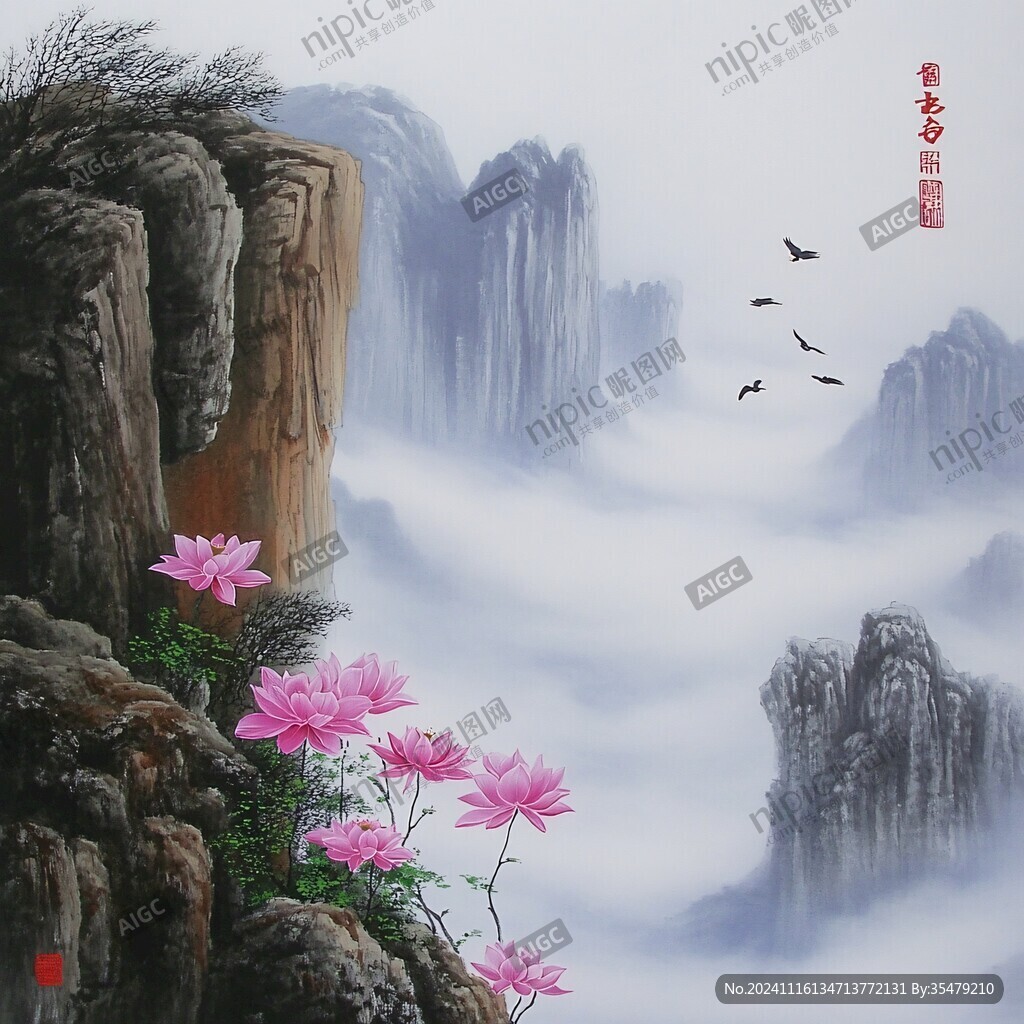 手绘风景画烟雾山水画