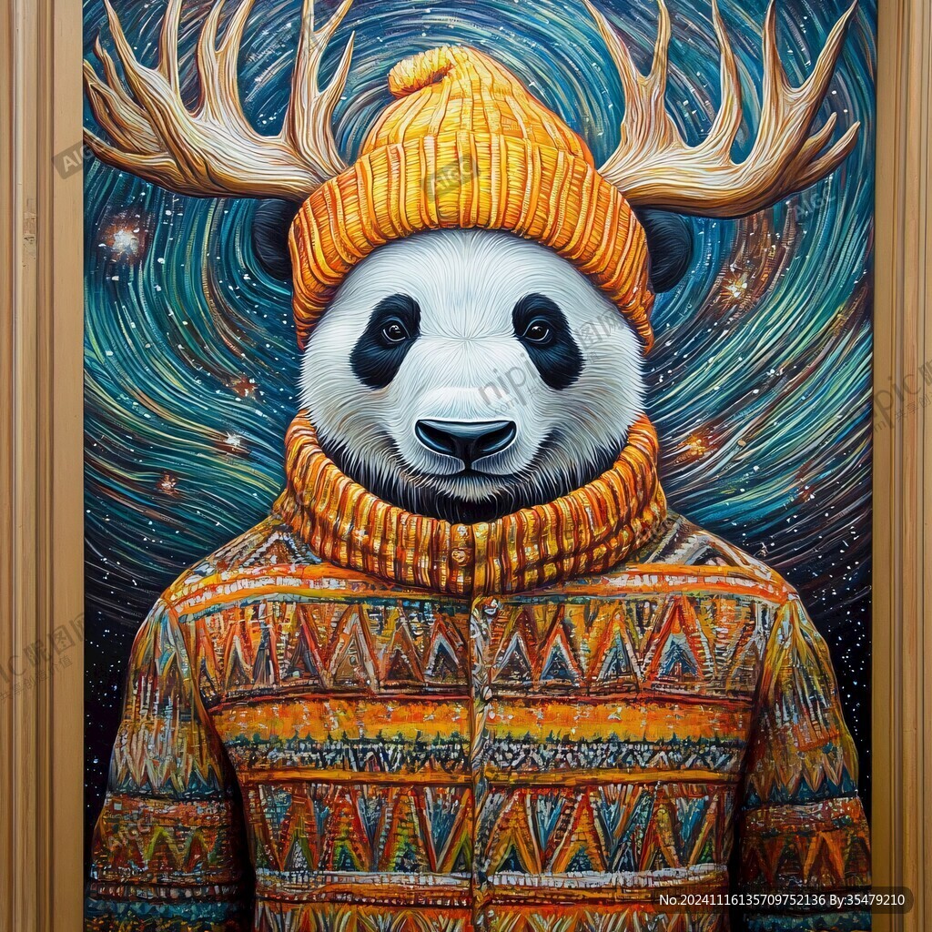手绘滑雪的熊猫装饰画
