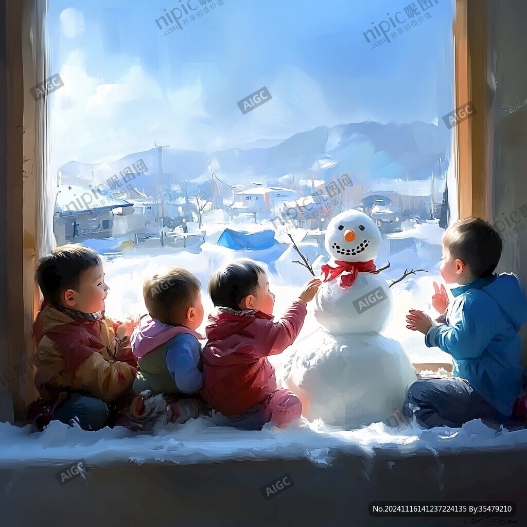 小孩堆雪人春节年画