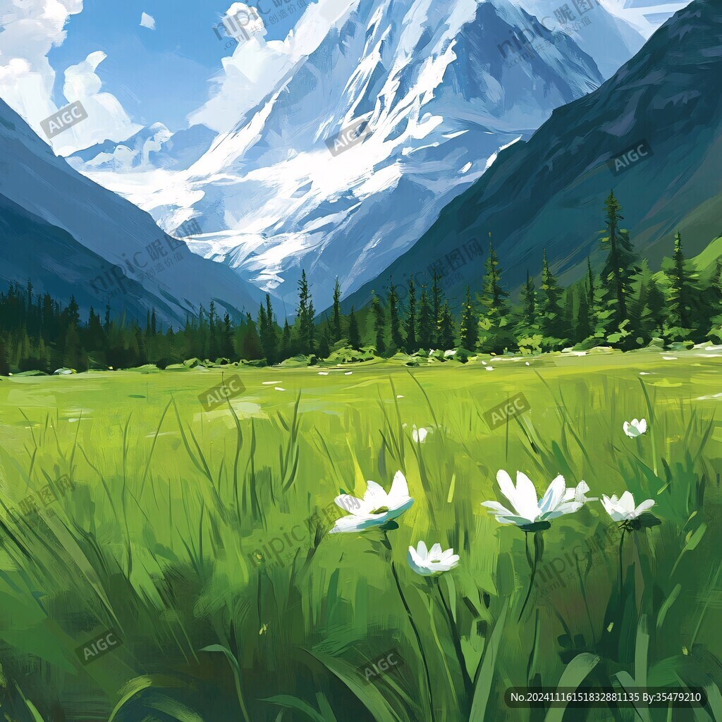 手绘草原草雪山