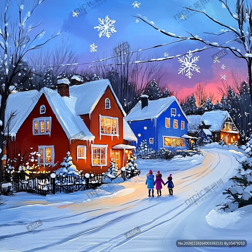 手绘雪夜风景无框画