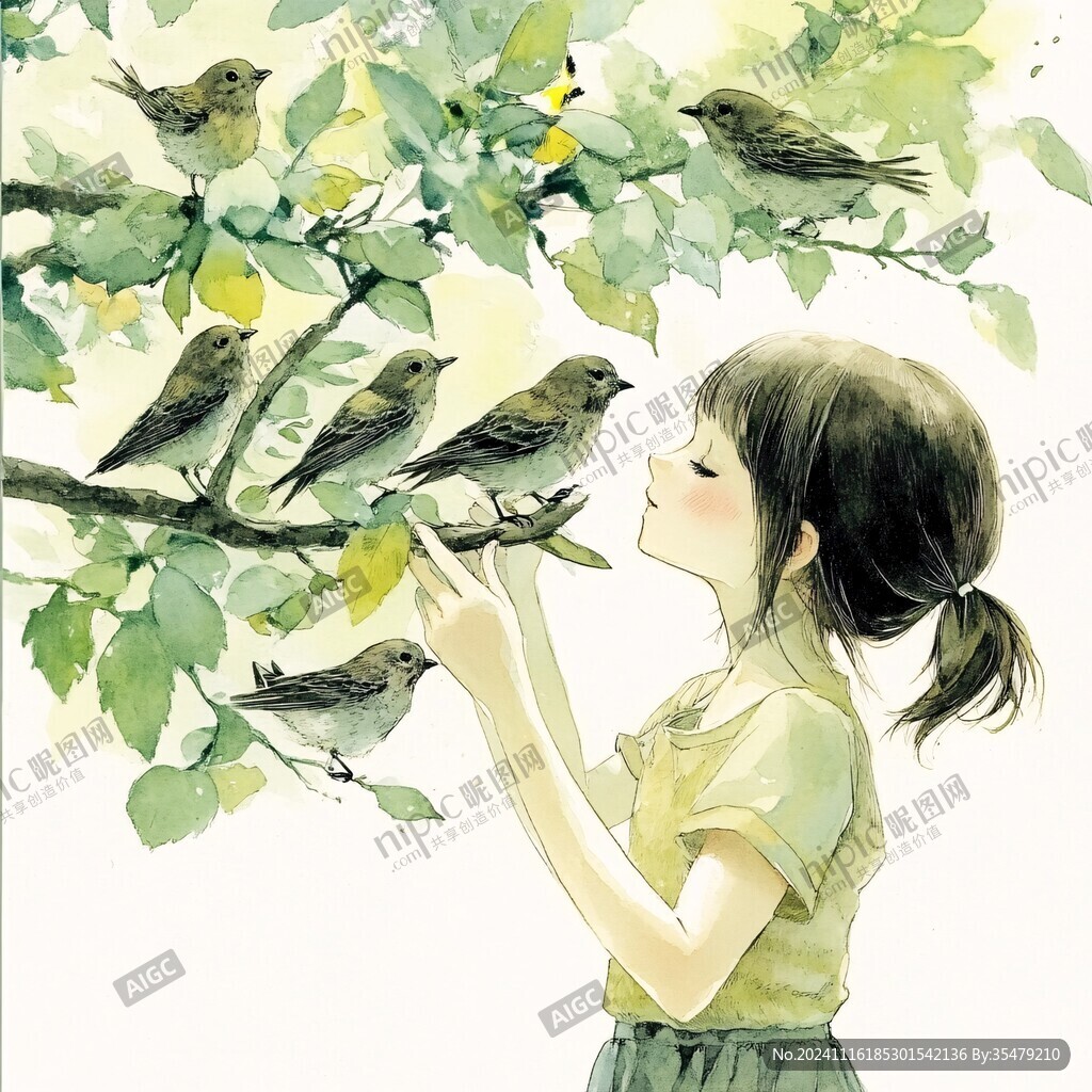 插画绿叶女孩