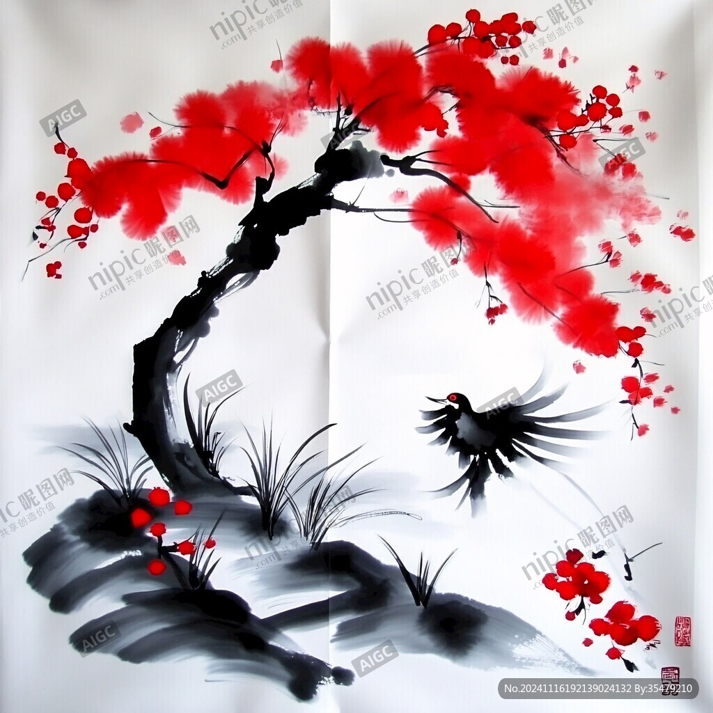 喜鹊梅花手绘