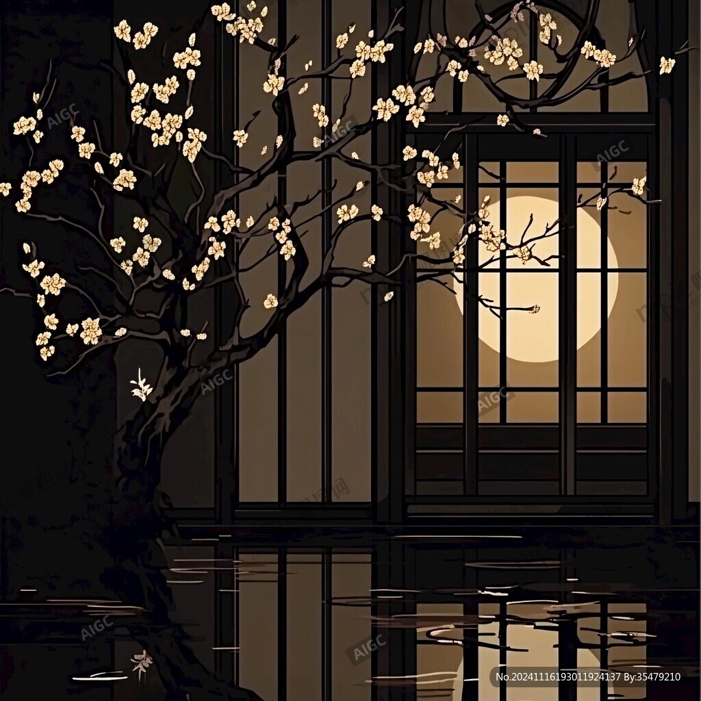 手绘阁楼皇宫梅花插画