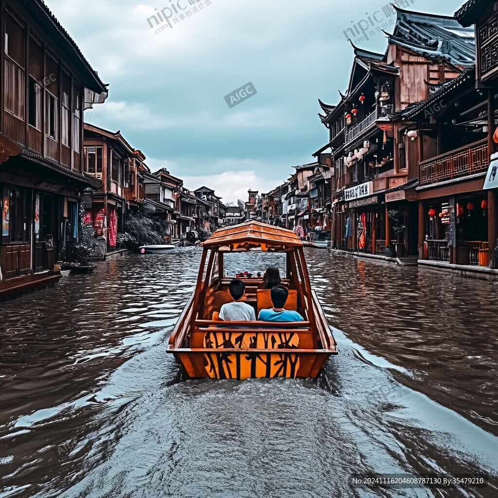 小镇河流游船
