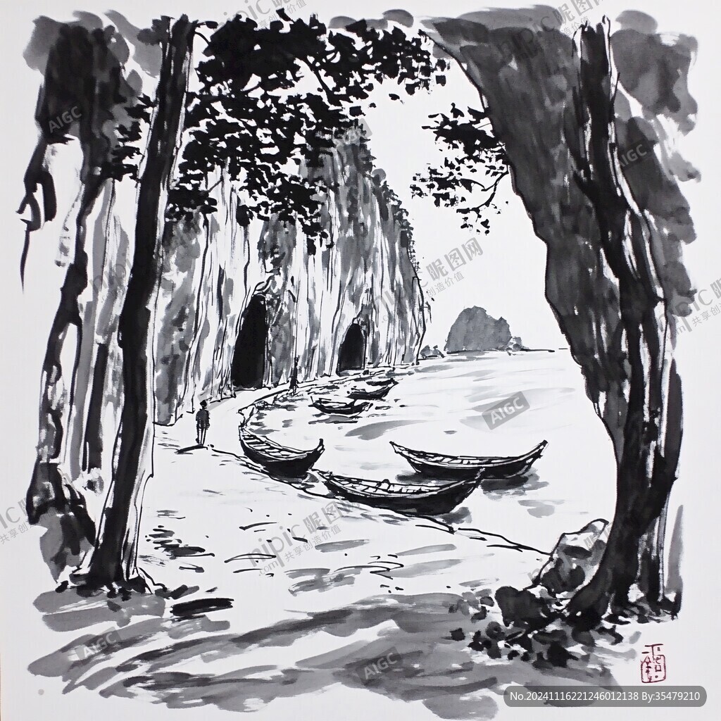 象鼻山水墨水彩