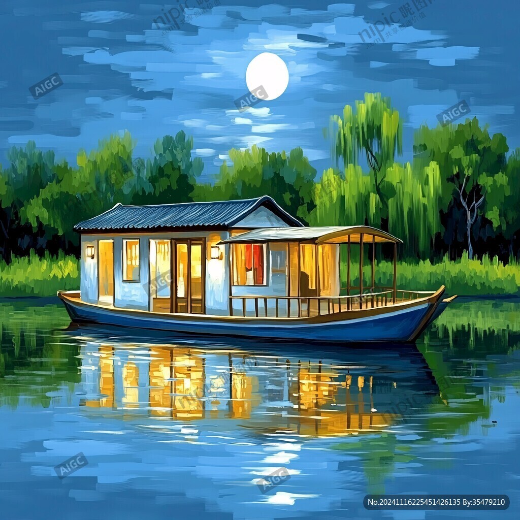 插画夜景湖泊
