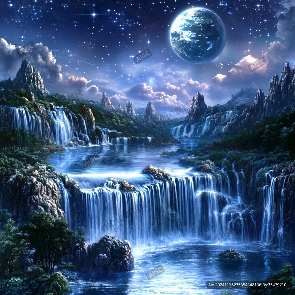 意境图片星月山川挂图