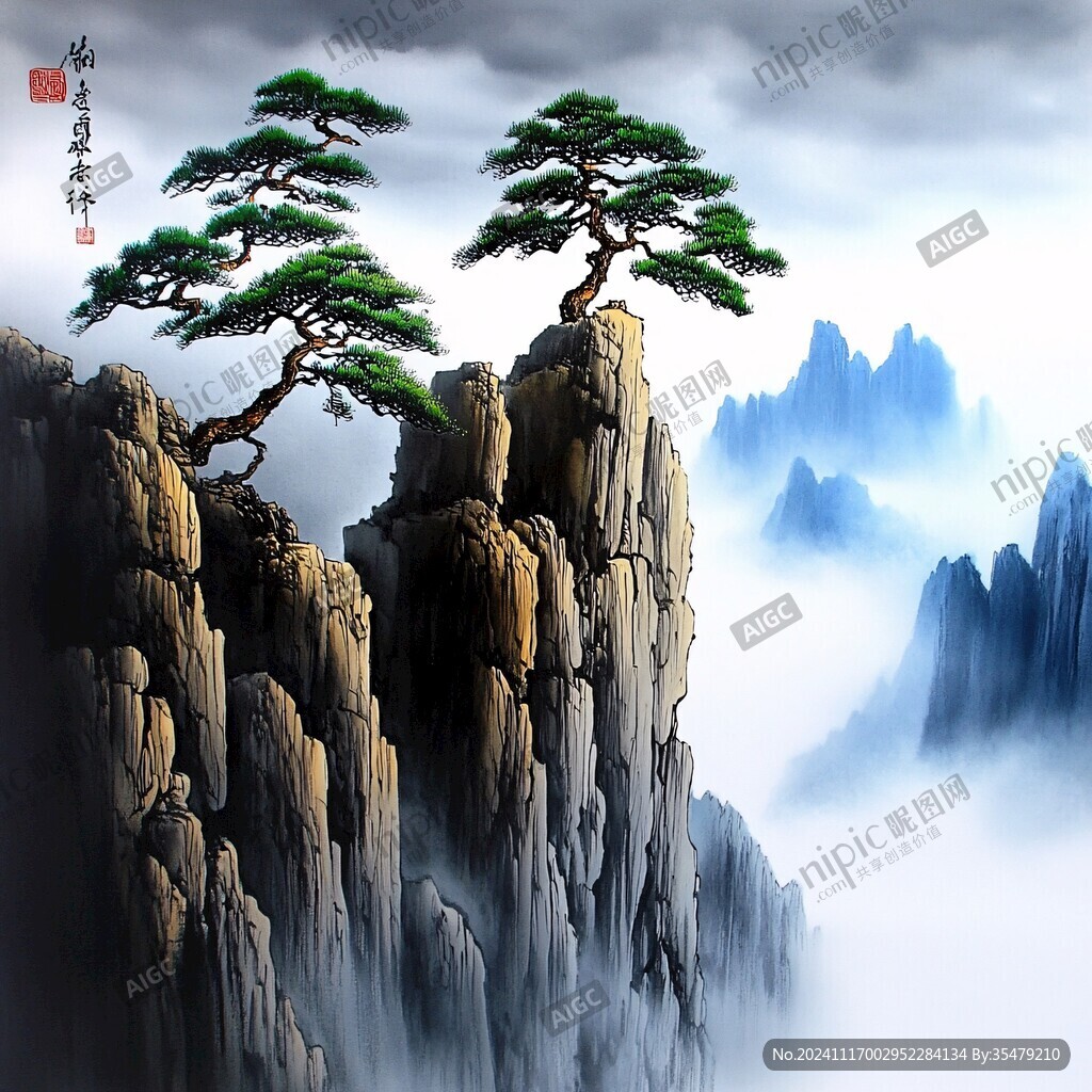 迎客松松树禅意山水