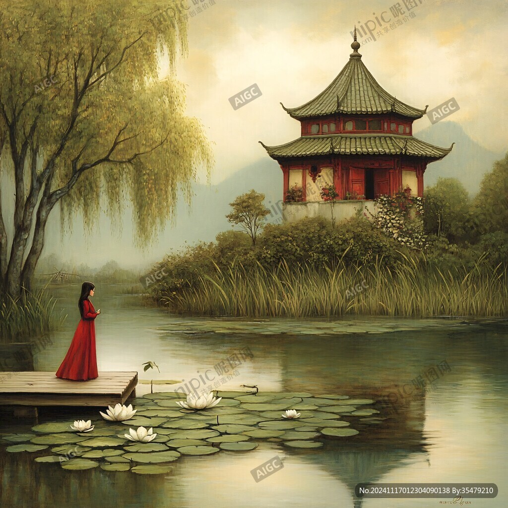 古风亭台楼阁油画
