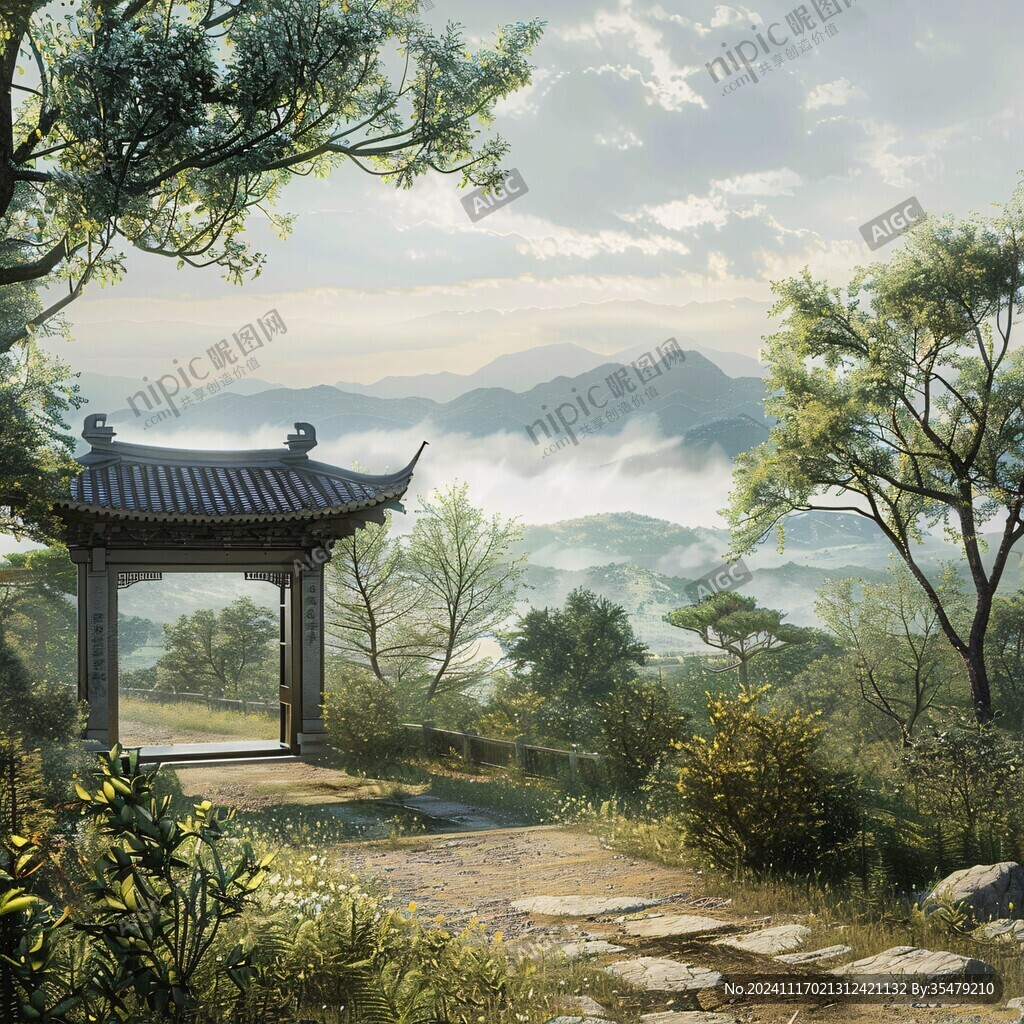 古风亭台楼阁油画