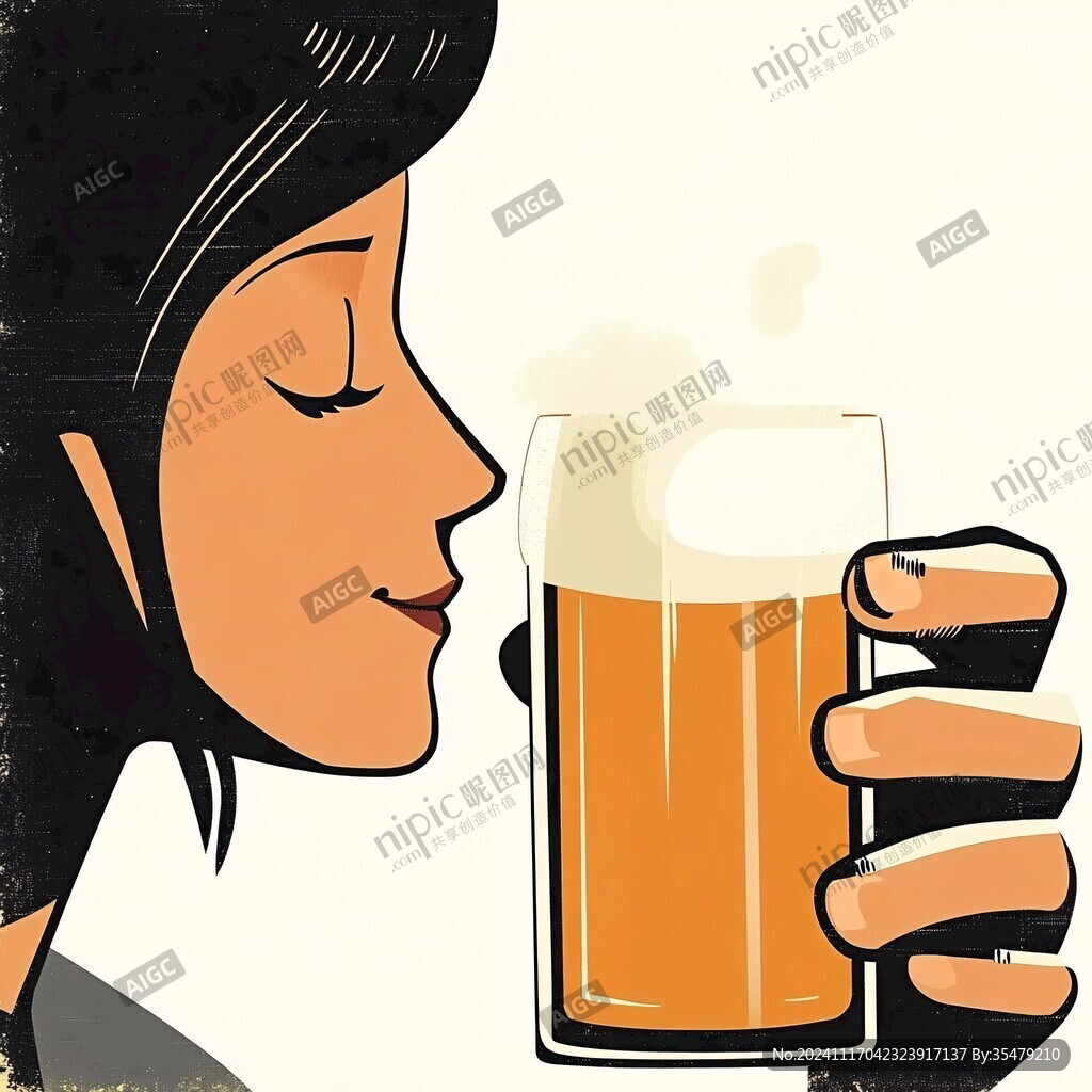 手绘喝饮料美女