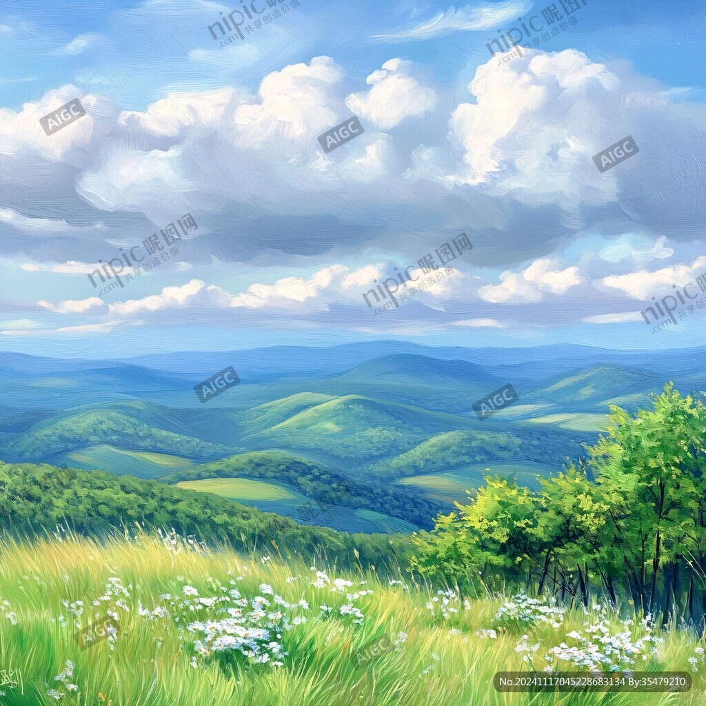 手绘森林山峰草地