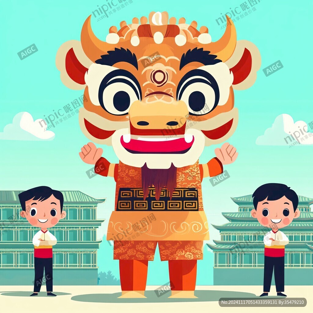 小牛舞狮插画
