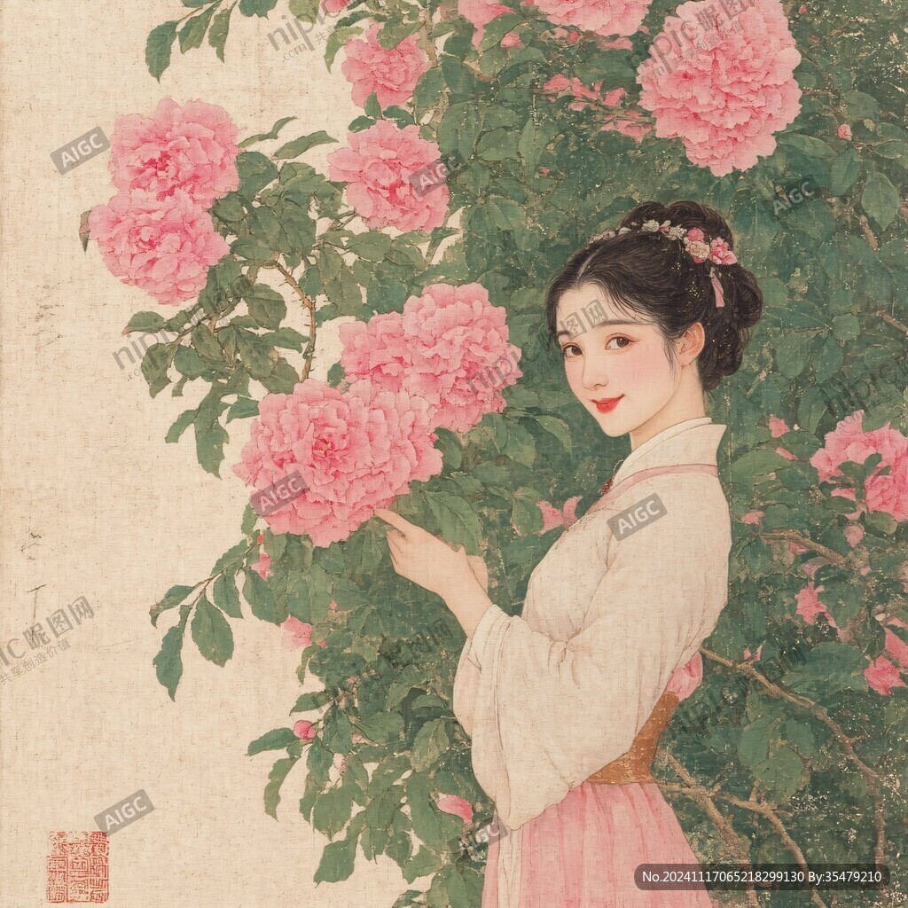 工笔仕女画拈花回眸