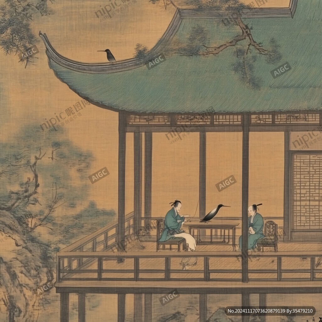 松阁抚琴人物图页