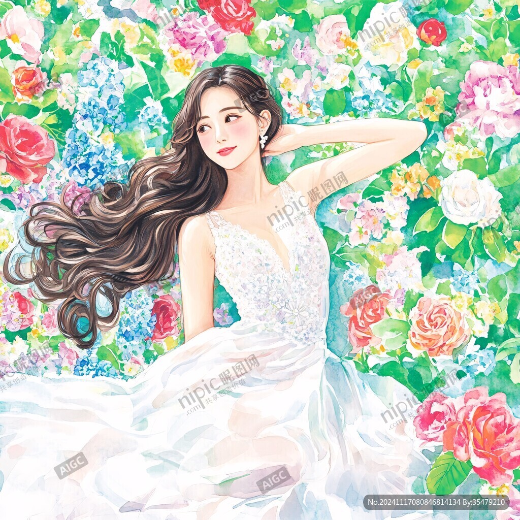 玫瑰花插画女孩