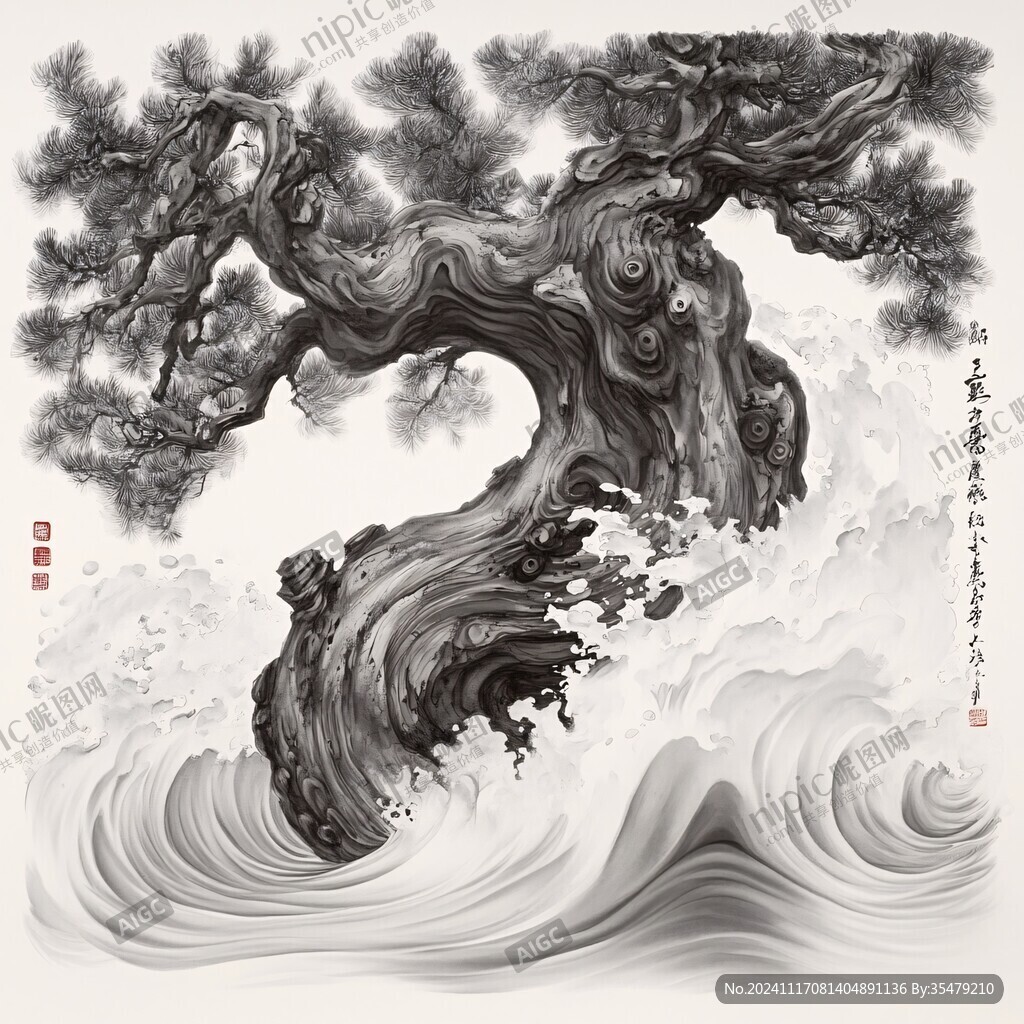 海浪仙鹤松树