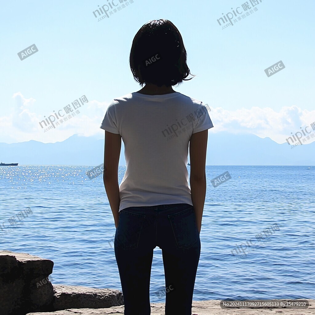 湖边少女背影
