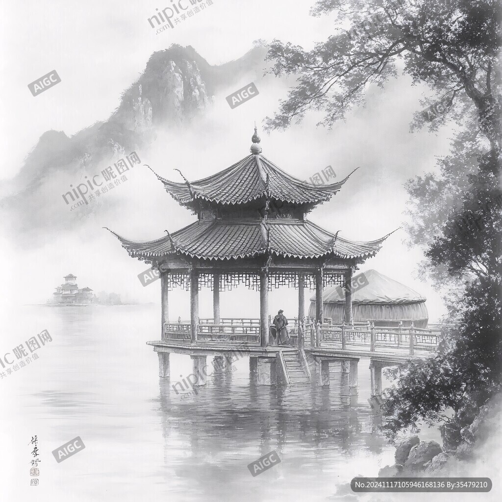 爱晚亭著名景点工笔画