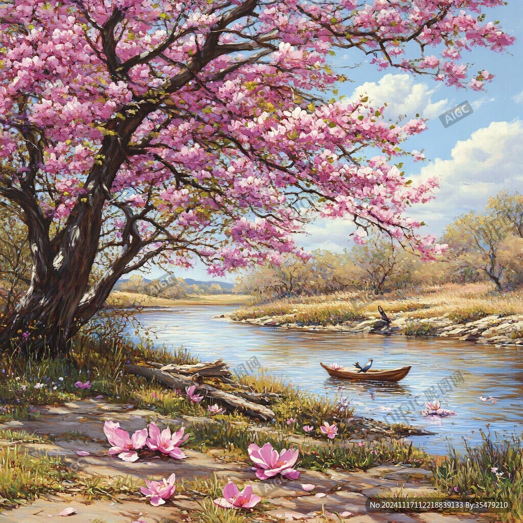 桃花风景油画