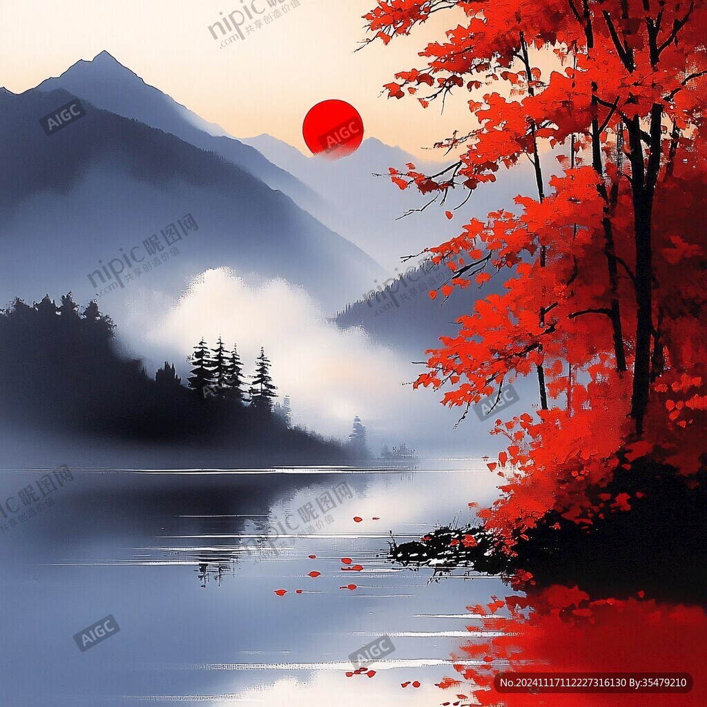 红日水墨山水
