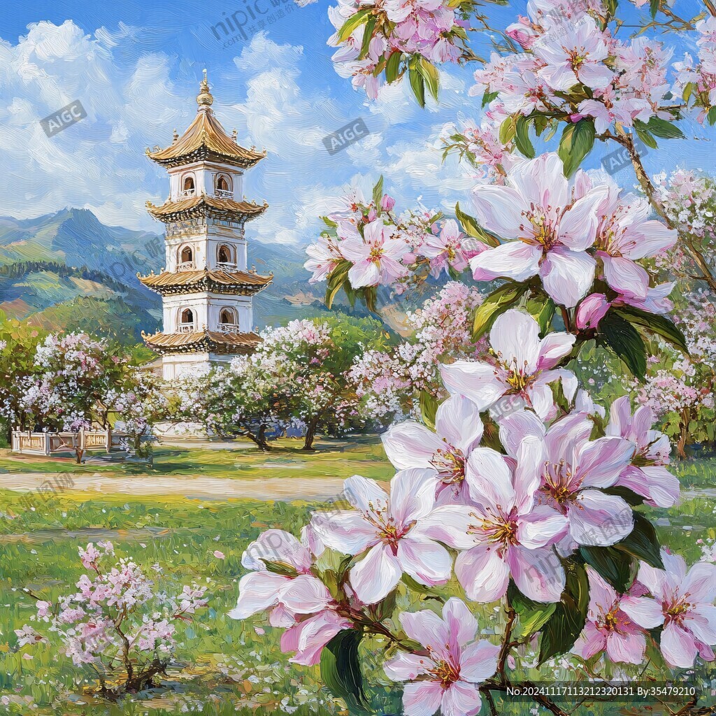 桃花风景油画