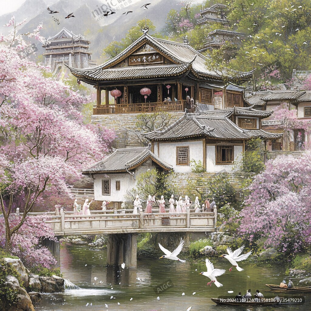 桃花源记古风山水插画