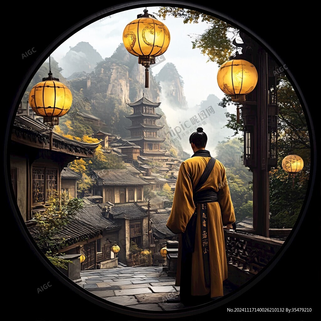 工笔楼阁亭台圆形框画