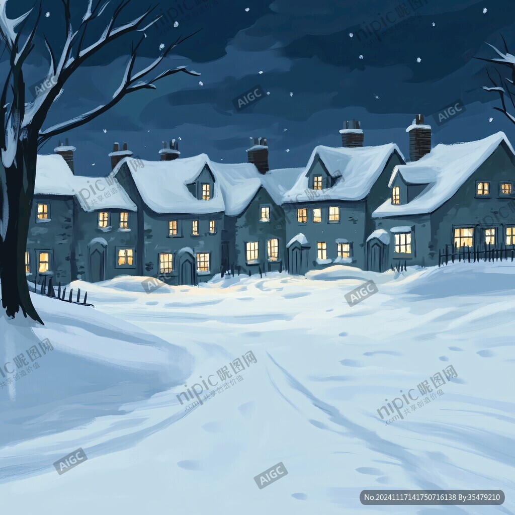 冬季雪村夜晚