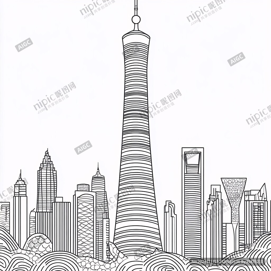 北上广深线描建筑地标