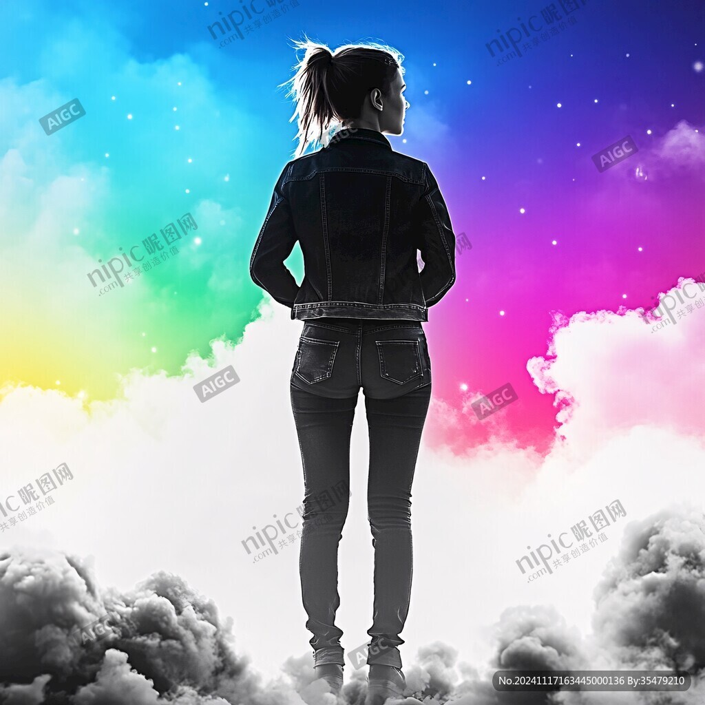 彩虹下的女孩背影