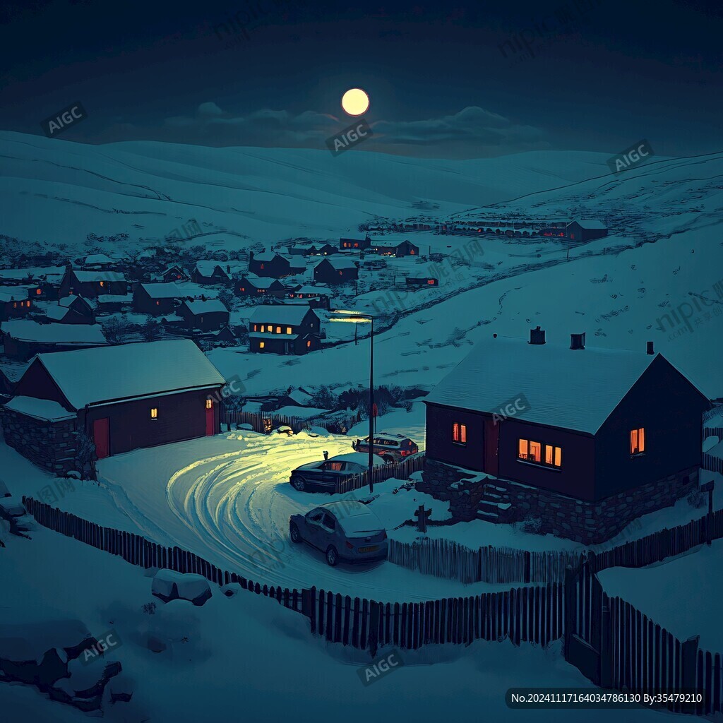 冬季雪村夜晚