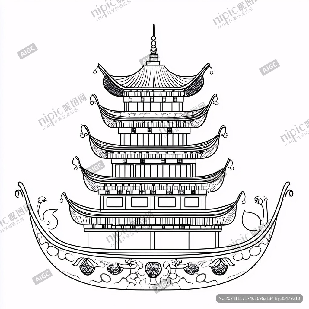 线描江南名楼