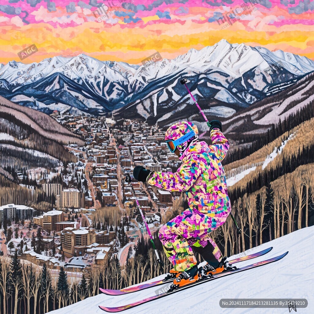 滑雪手绘插画