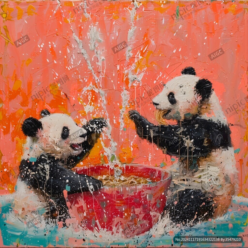 熊猫题材油画