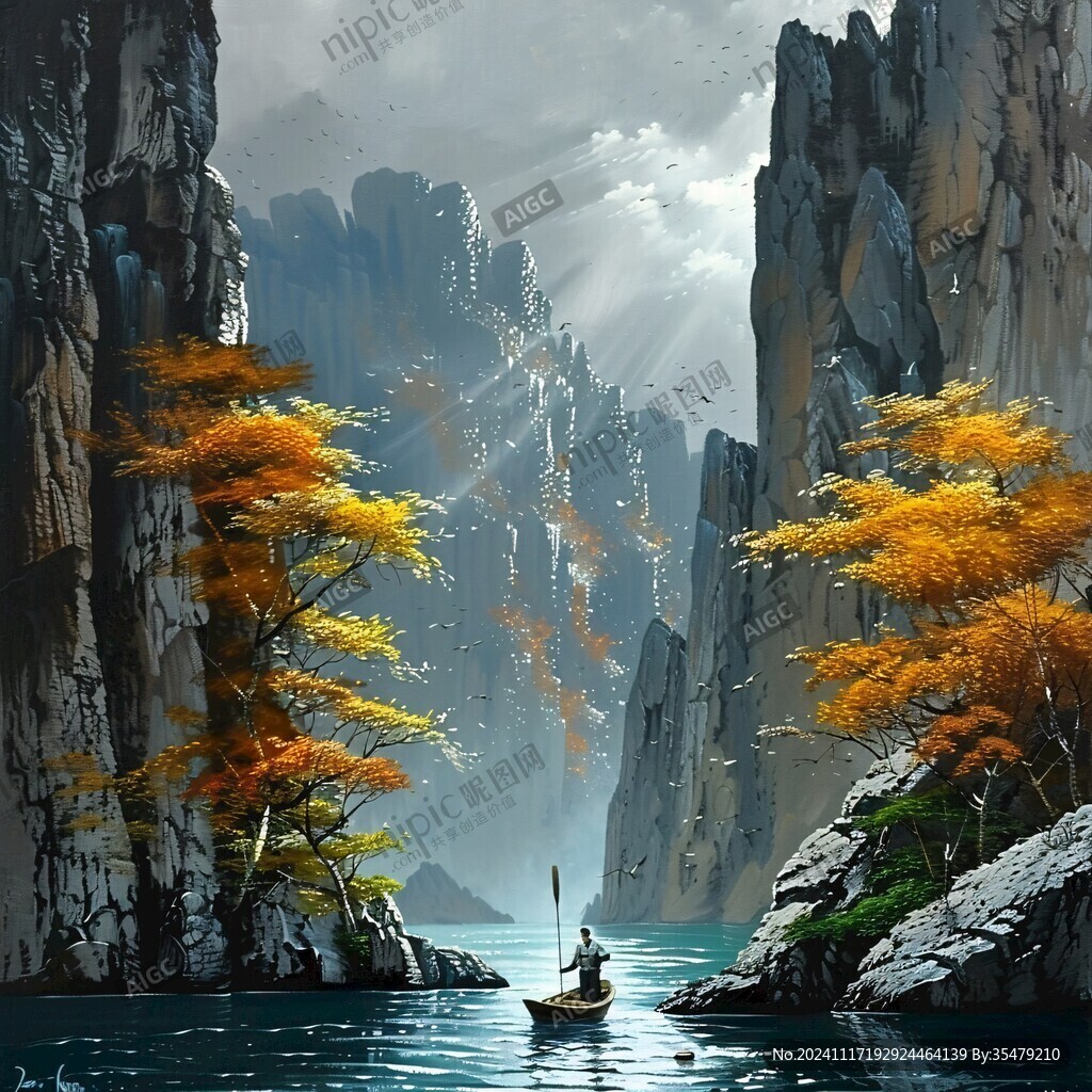 舟河流山峰背景墙