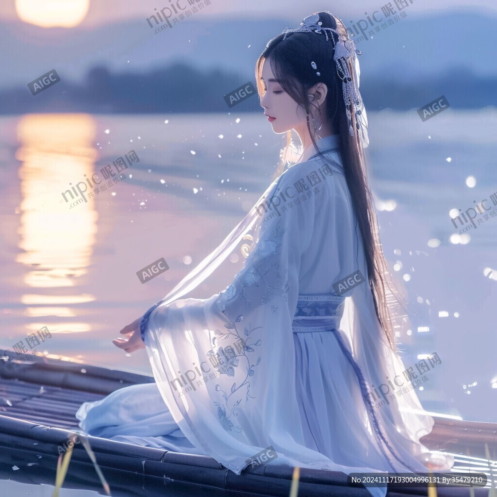 竹排上的古风少女