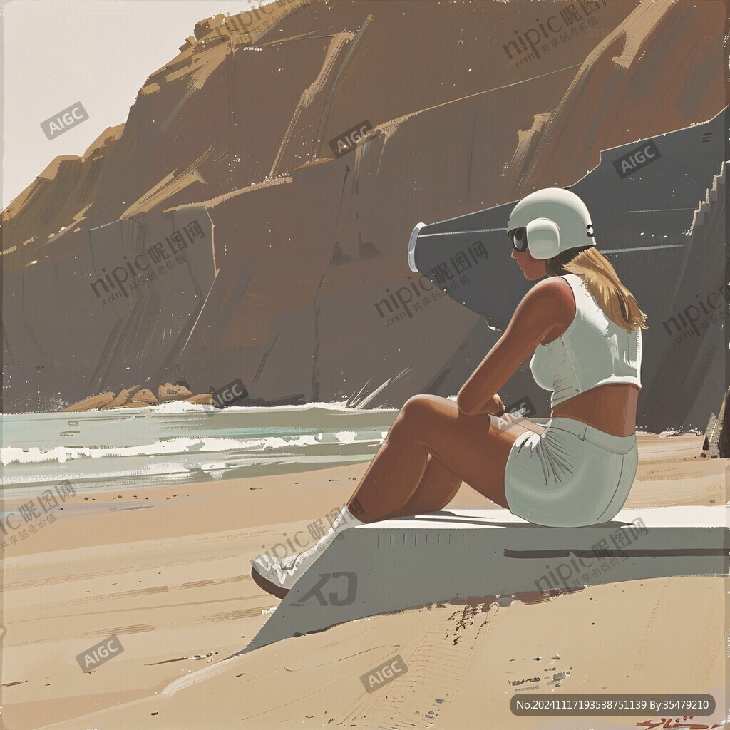 女孩坐在海边手绘