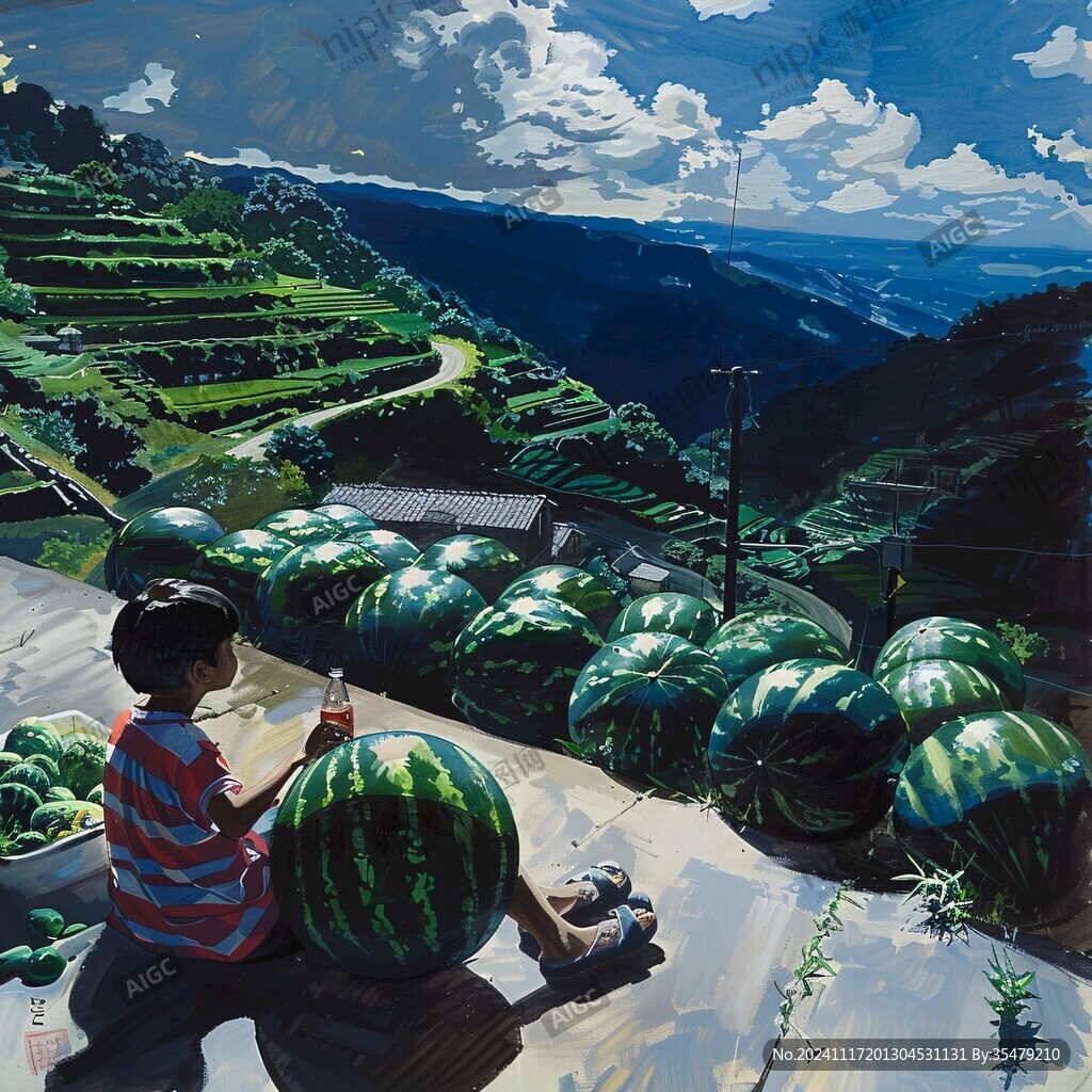 手绘西瓜与小孩