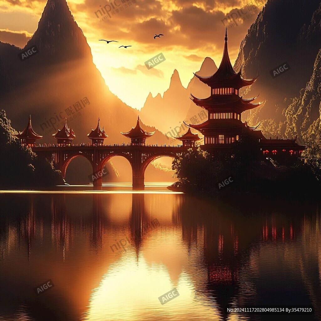 廊桥中国风山水意境