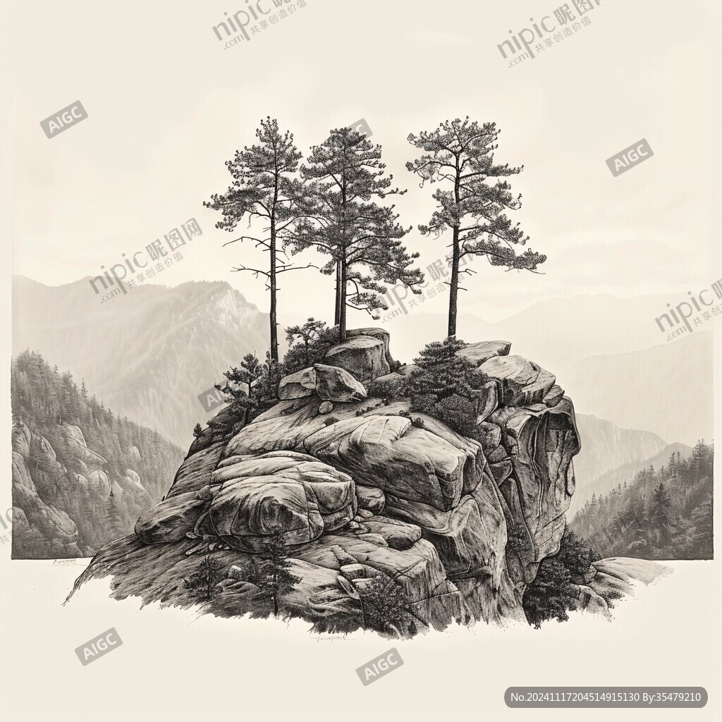 手绘工笔山石
