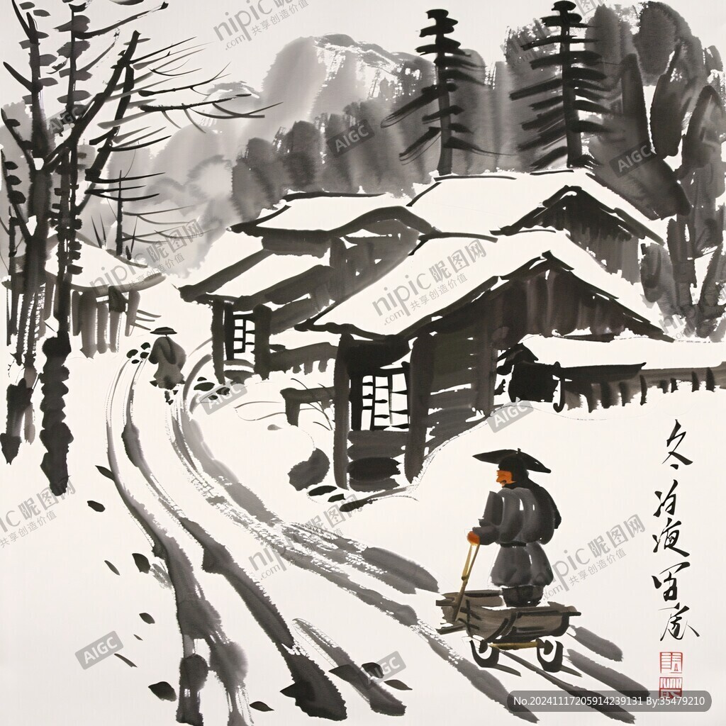 手绘山村雪景图