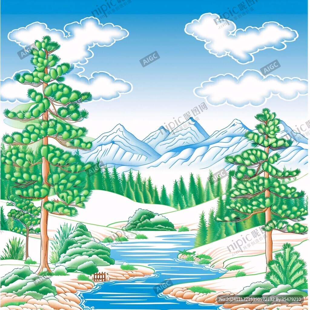 雪山森林河流图