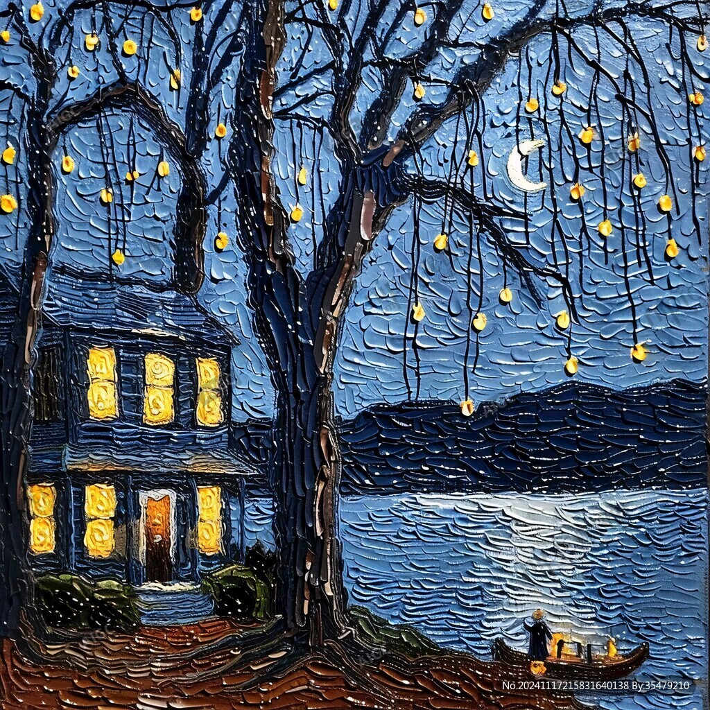 手绘雪夜风景无框画